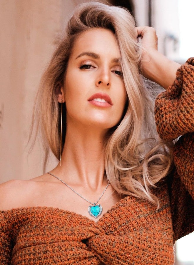 BDL Turquoise Necklace - Sterling Silver Angel Wing Heart Shape Natural Turquoise with 5A Cubic Zirconia Pendant Necklace for Women, Western Jewelry, Gifts for Women Wife Moms Grandma… - Image 3